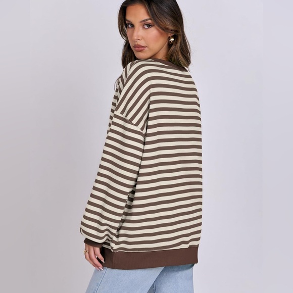 Anrabess Women Striped Oversized Sweatshirt Long Sleeve Crew Neck - Picture 3 of 3